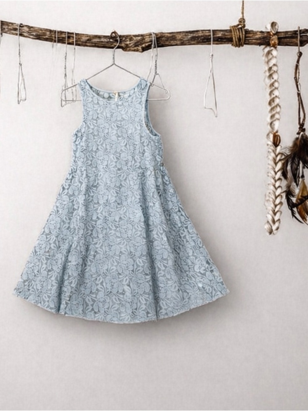 Free People Sky Blue Miles Stretch Lace Mini Fit Flare Dress mint green Small